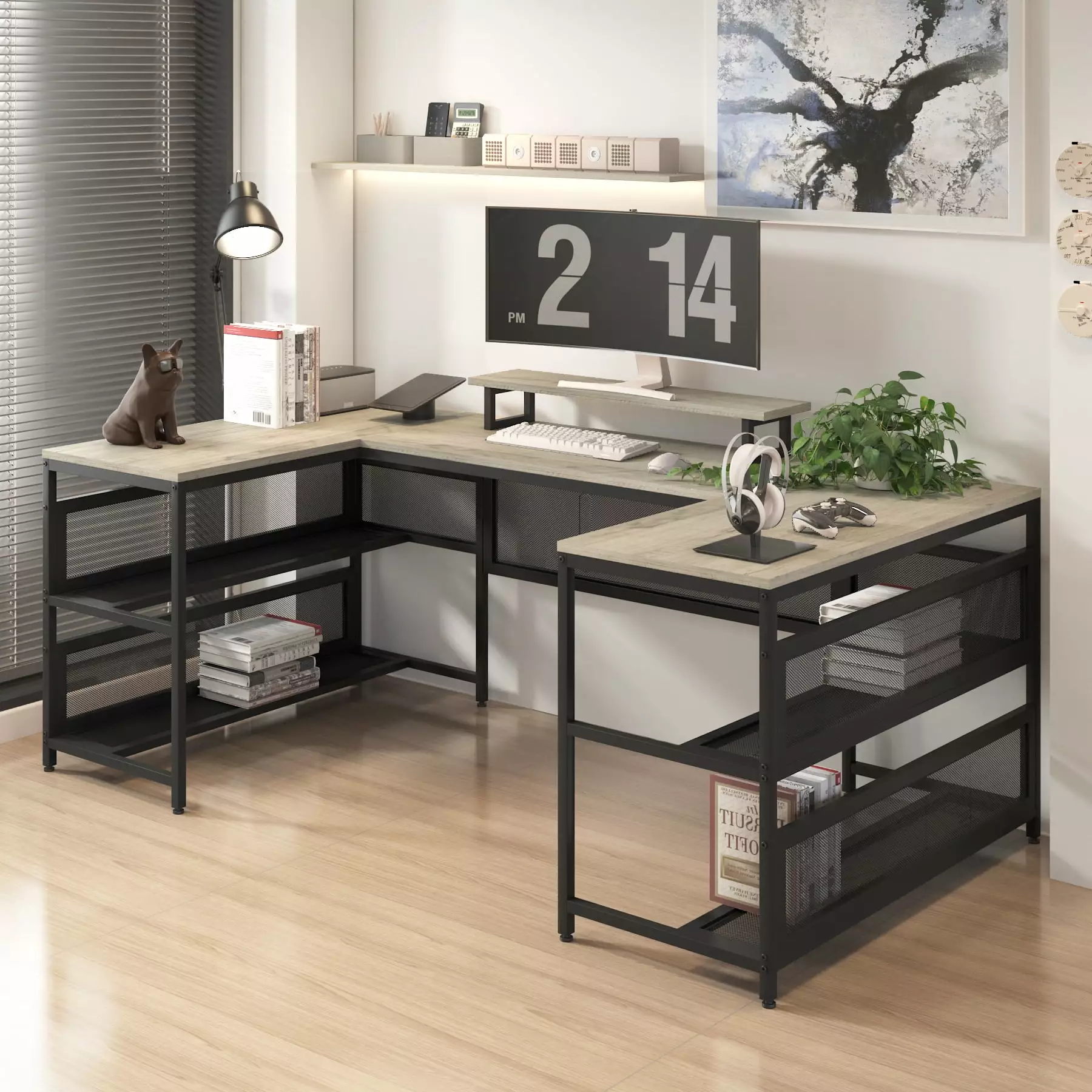 82 Inch U Shaped Desk Shelves LED Lights and Monitor Stand 2 Person Home Office DLPIN