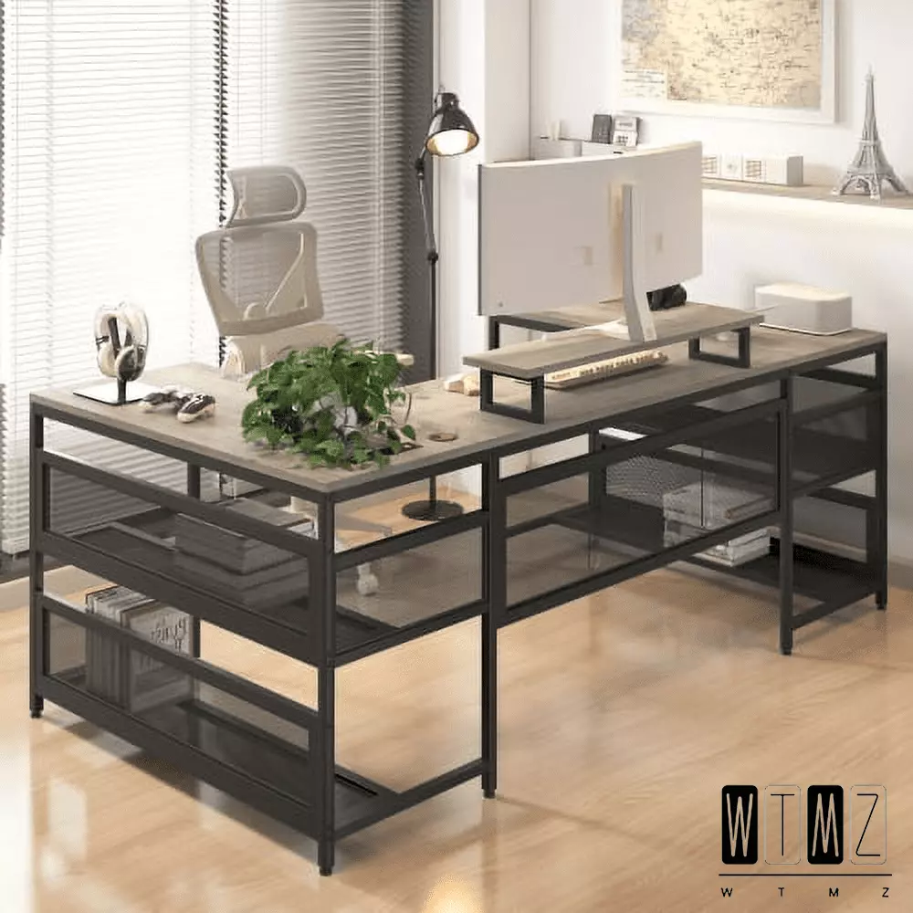 FHWM-WTMZ U-Shaped Desk Metal Frame and MDF Board Home Office Desk Shelves and LED Light Gray