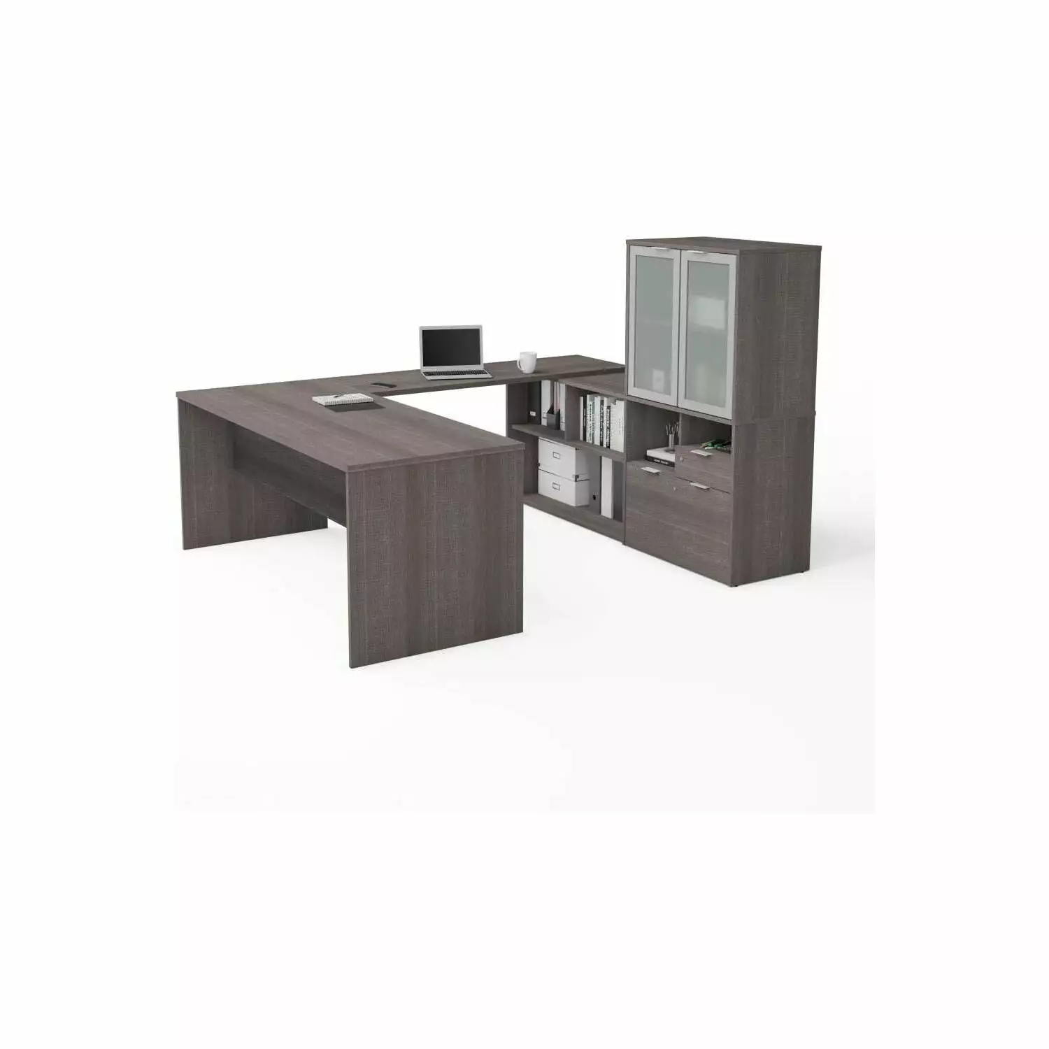 HomeStock Antique 72W U-Shaped Executive Desk Frosted Glass Doors Hutch