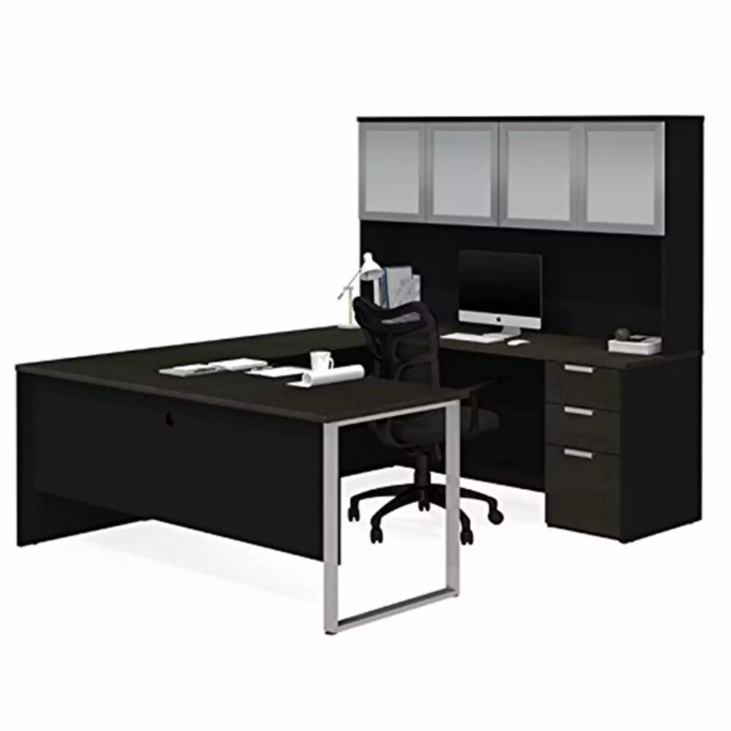 HomeStock Vintage Vogue U-Desk Frosted Glass Door Hutch Deep Grey & Black
