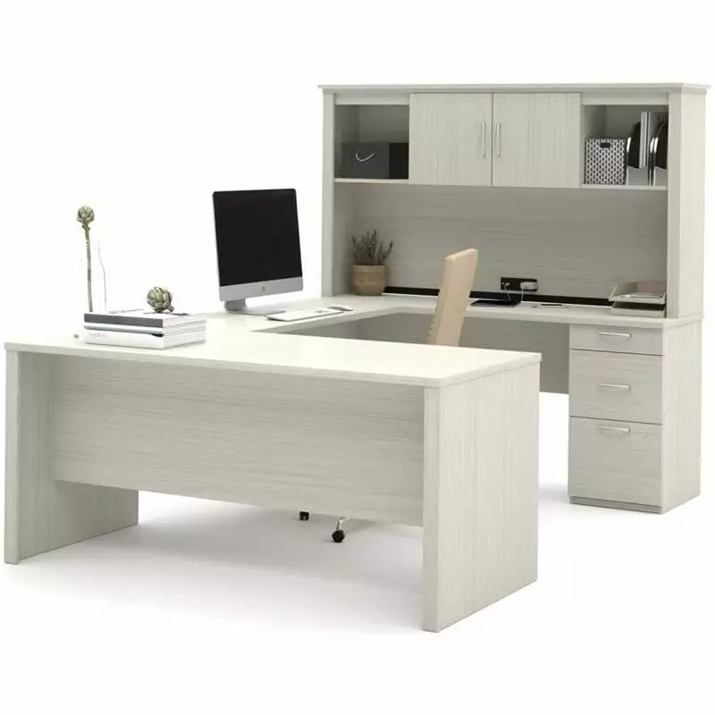 Kingfisher Lane Modern Wood U Shape Computer Desk Hutch White Chocolate - Home Office Desk