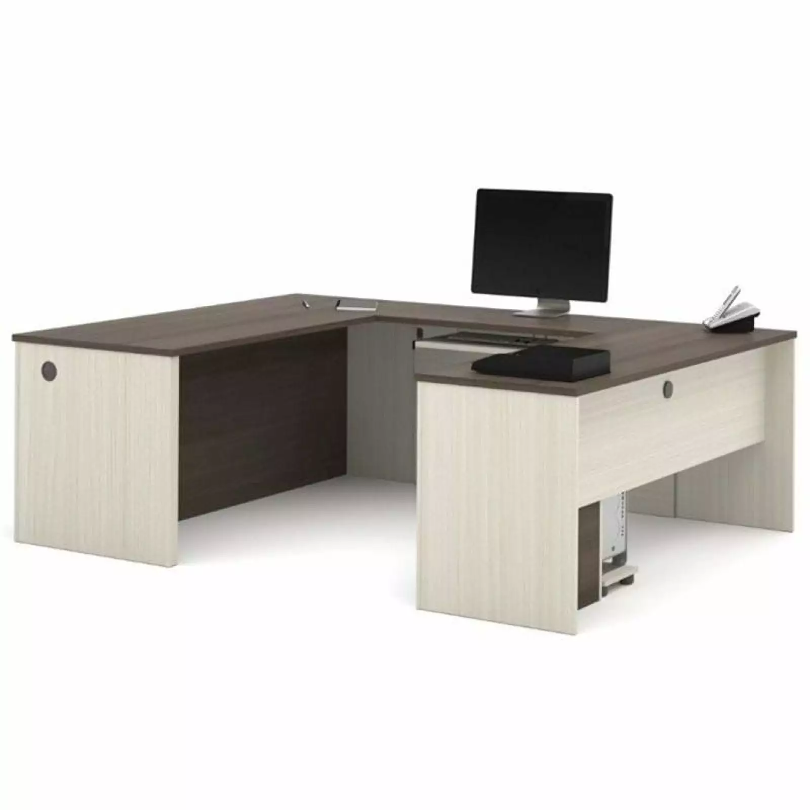 Pemberly Row U Shaped Computer Desk White Chocolate and Antigua