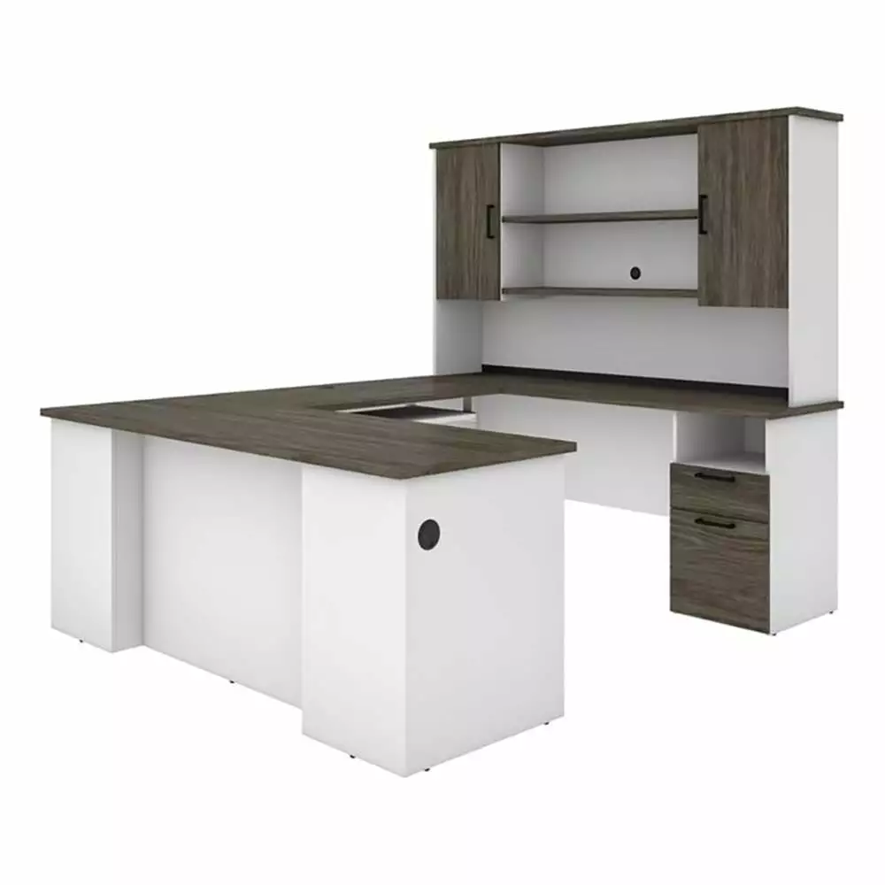 Pemberly Row Transitional Wood U Shaped Computer Desk Hutch Gray/White - Spacious Workstation