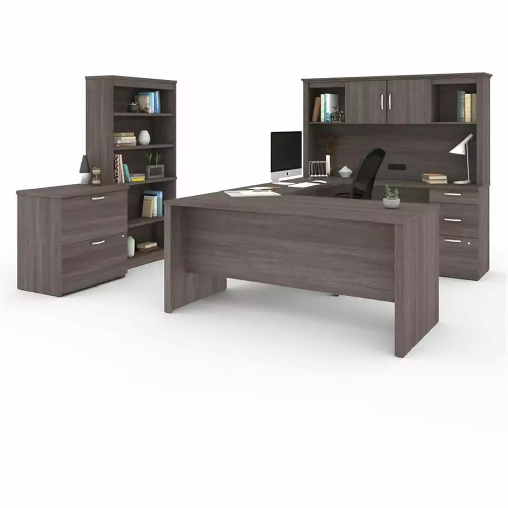Pemberly Row 66 U-Shaped Desk Hutch File and Bookcase Bark Gray Office Workstation