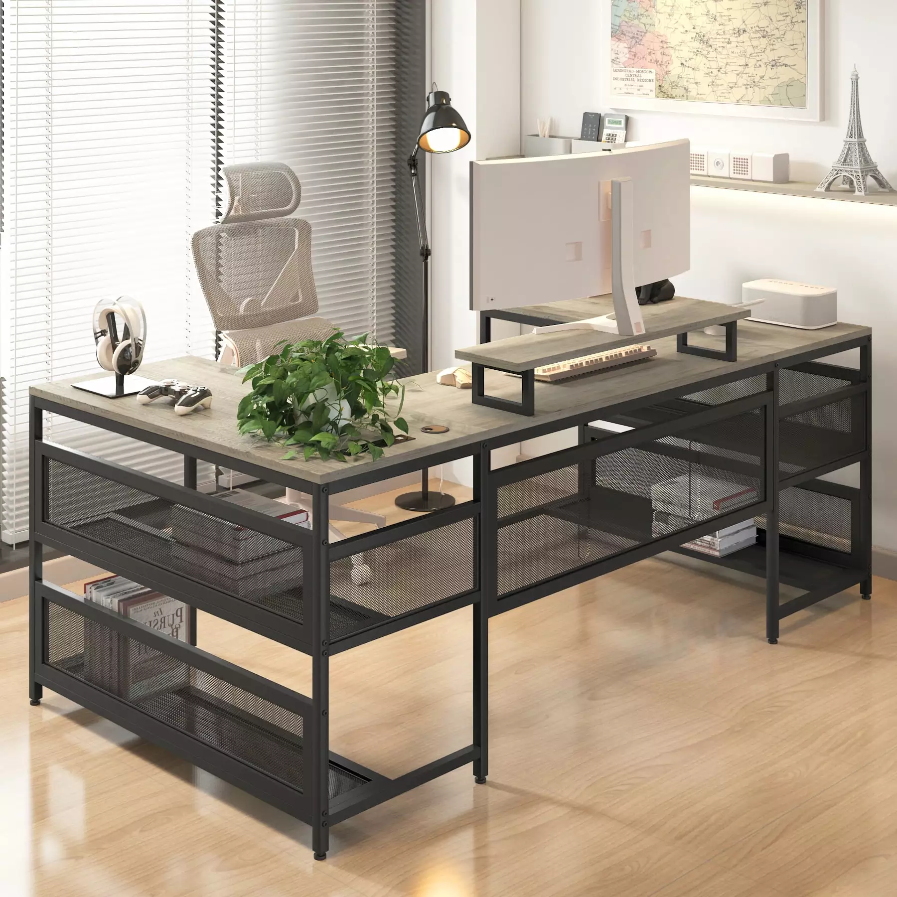 U-shaped Desk Shelves and LED Lights Modern Office Workstation SMHZ