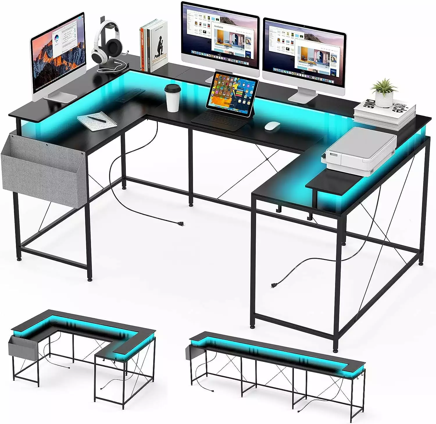 Yiwa U Shaped Desk Monitor Stand Power Outlet LED Lights and Storage Bag Black