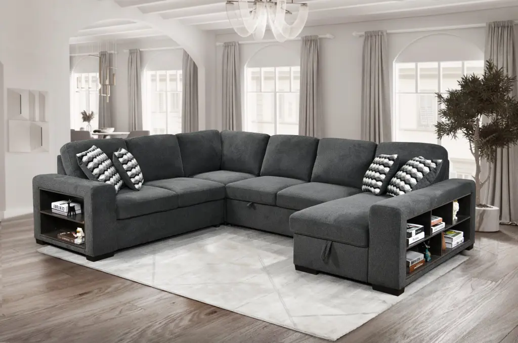 125 Inch Modern U-Shaped 7 Seat Sectional Sofa Storage Cabinet Beige happy home