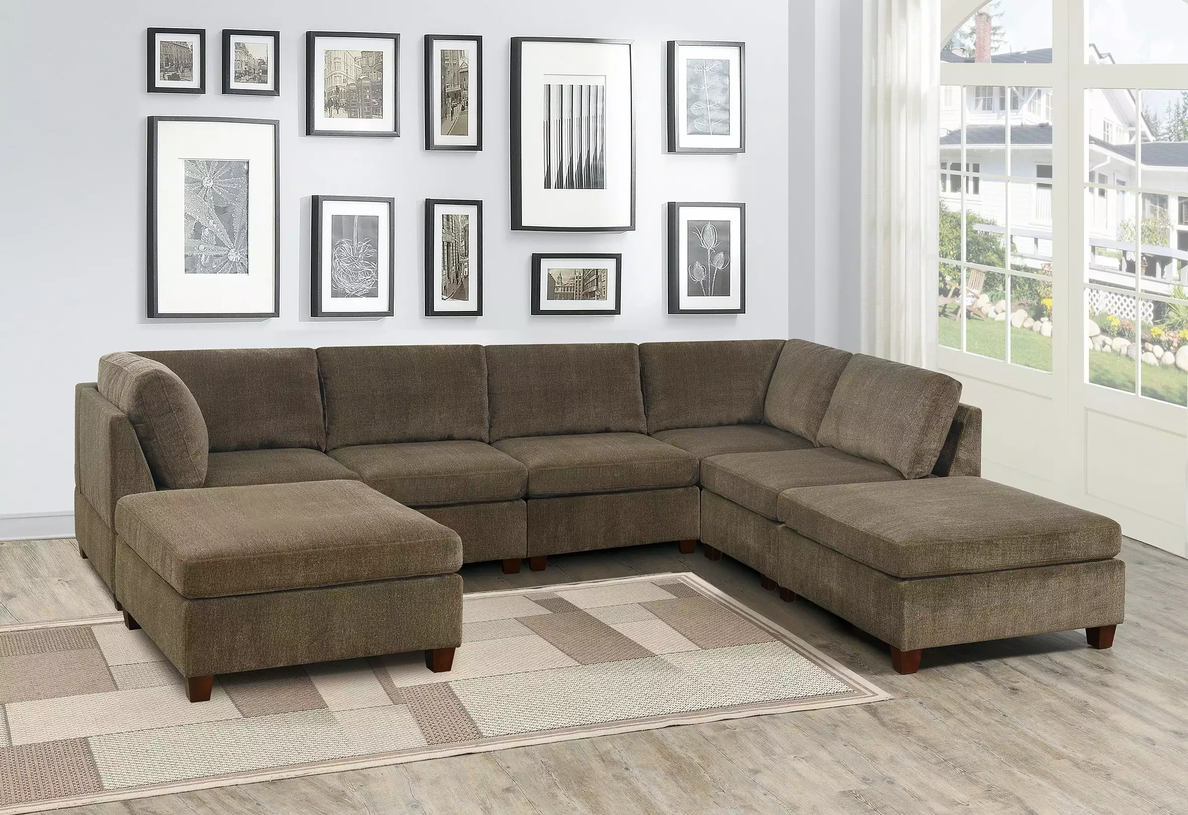 Homiyad Tan Chenille Modular Sectional 7Pc Set 2 Corner Wedges 3 Armless Chairs and 2 Ottomans