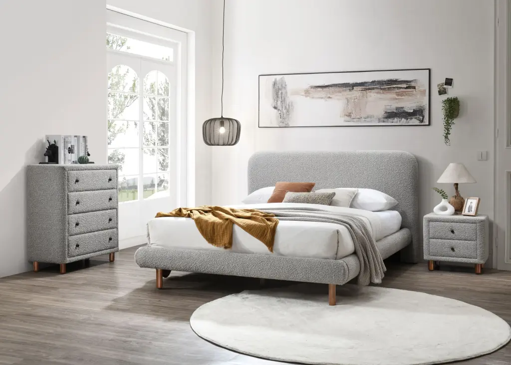 Cleo Queen Bed Gray Boucle Fabric Upholstered Bed Frame acme onsite store