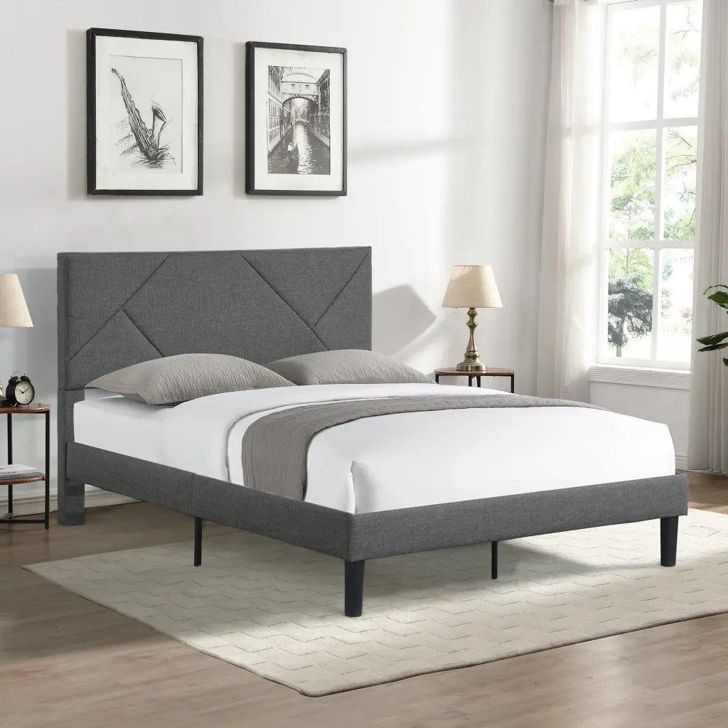 Full Size Upholstered Platform Bed Frame Headboard Strong Wood Support beds - sofas