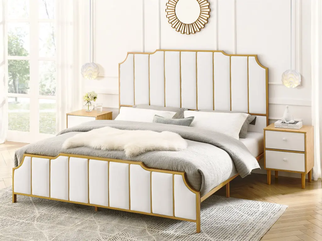 Queen Size Bed Frame, Upholstered Platform Bed High Headboard and Wooden Legs ching hing-furniture