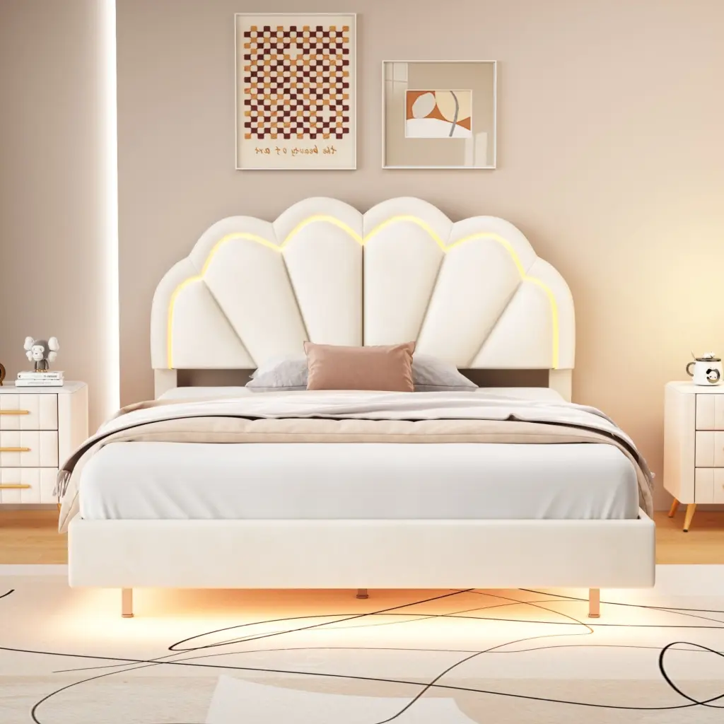 Full Upholstered Intelligent LED Bed Frame Elegant Flowers Headboard homey life