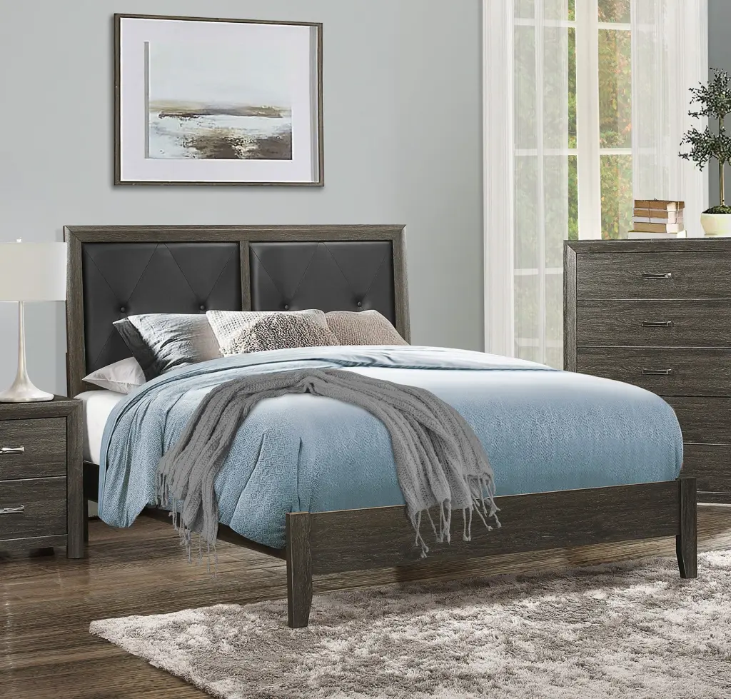 Contemporary Design Dark Gray Finish Queen Bed Button Tufted Faux Leather kanepe