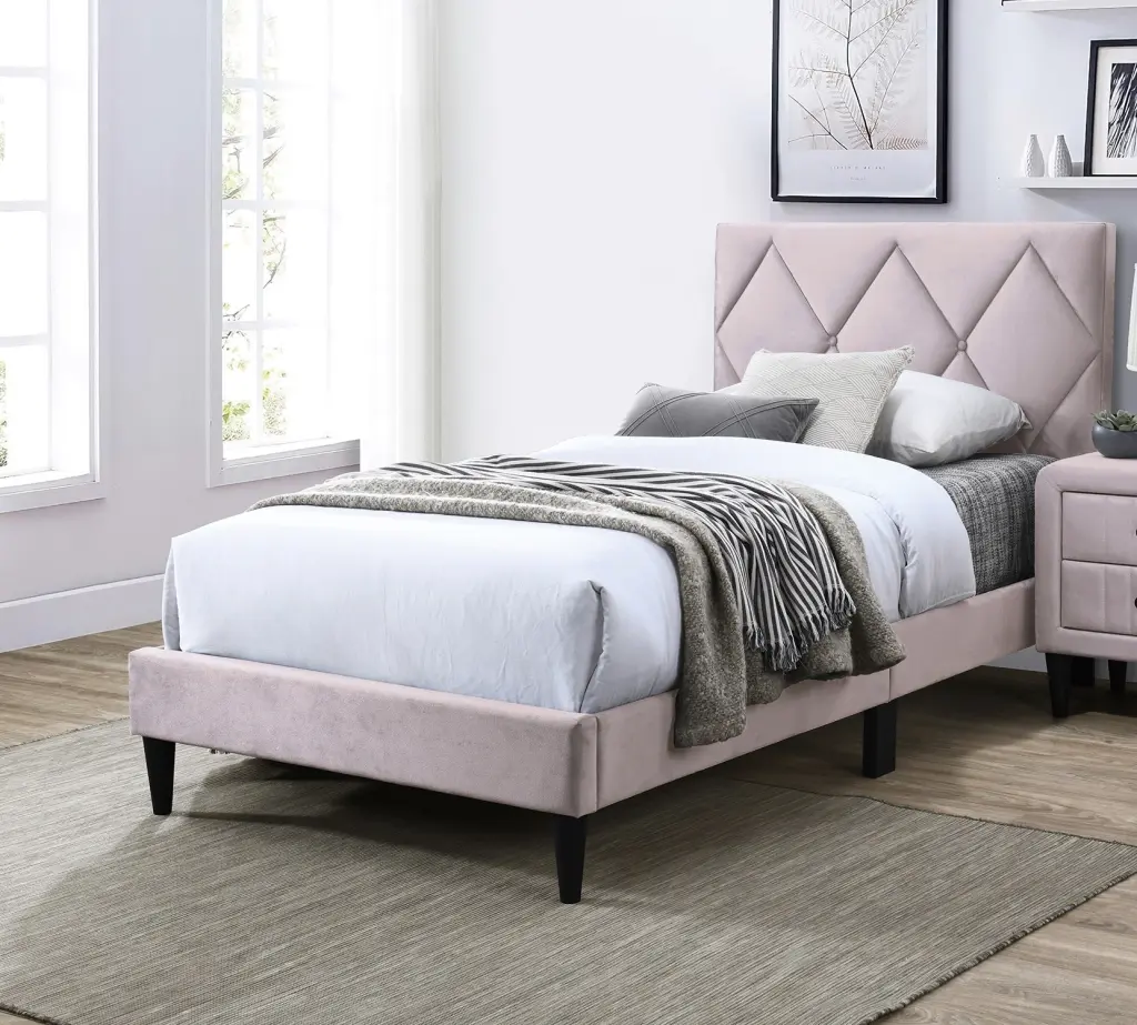 Twin Size Bed Adjustable Headboard Light Pink Velvet Upholstered Bed Frame kanepe