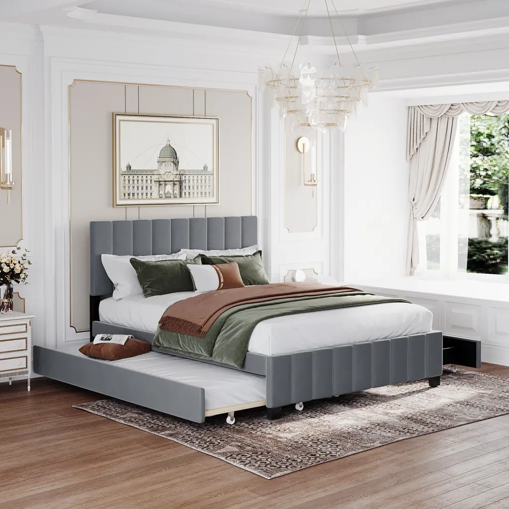 Queen Size Velvet Upholstered Platform Bed 2 Drawers and 1 Twin XL lucky furniture