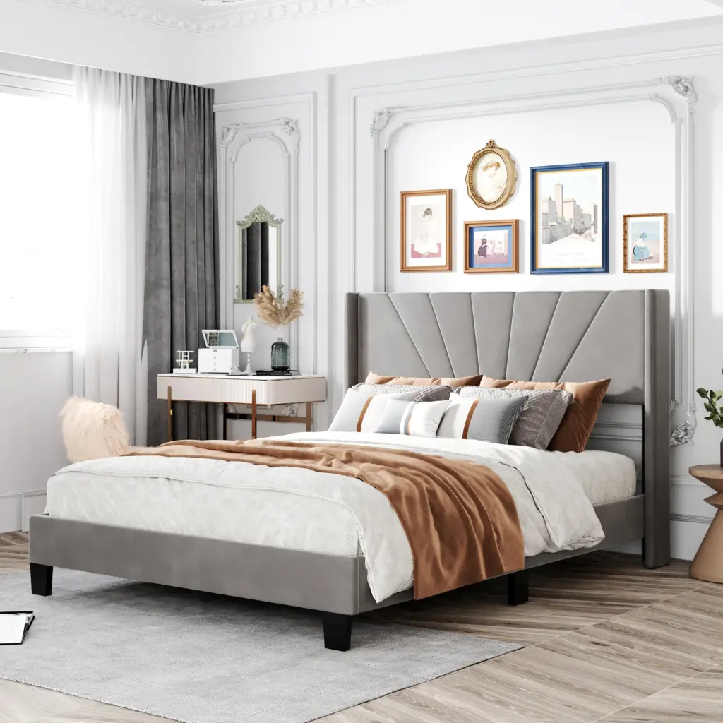 Queen Size Velvet Upholstered Platform Bed Box Spring Needed Gray Fabric Frame lucky furniture