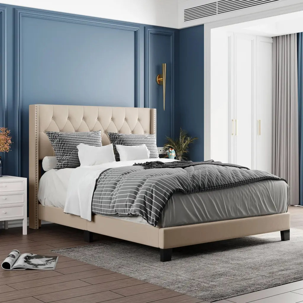 Upholstered Platform Bed Timeless Headboard Box Spring Needed Beige Fabric lucky furniture
