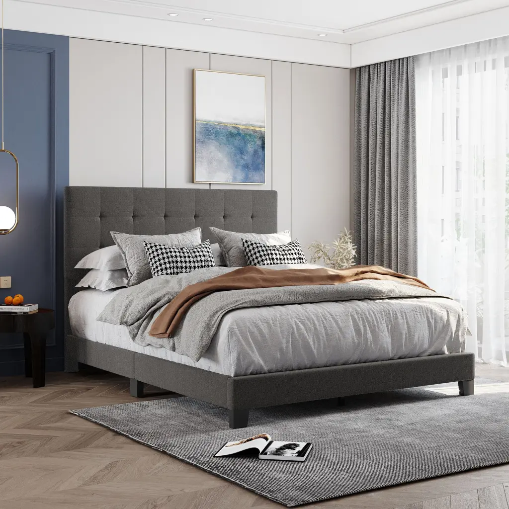 Upholstered Platform Bed Tufted Headboard Gray Box Spring Needed lucky furniture