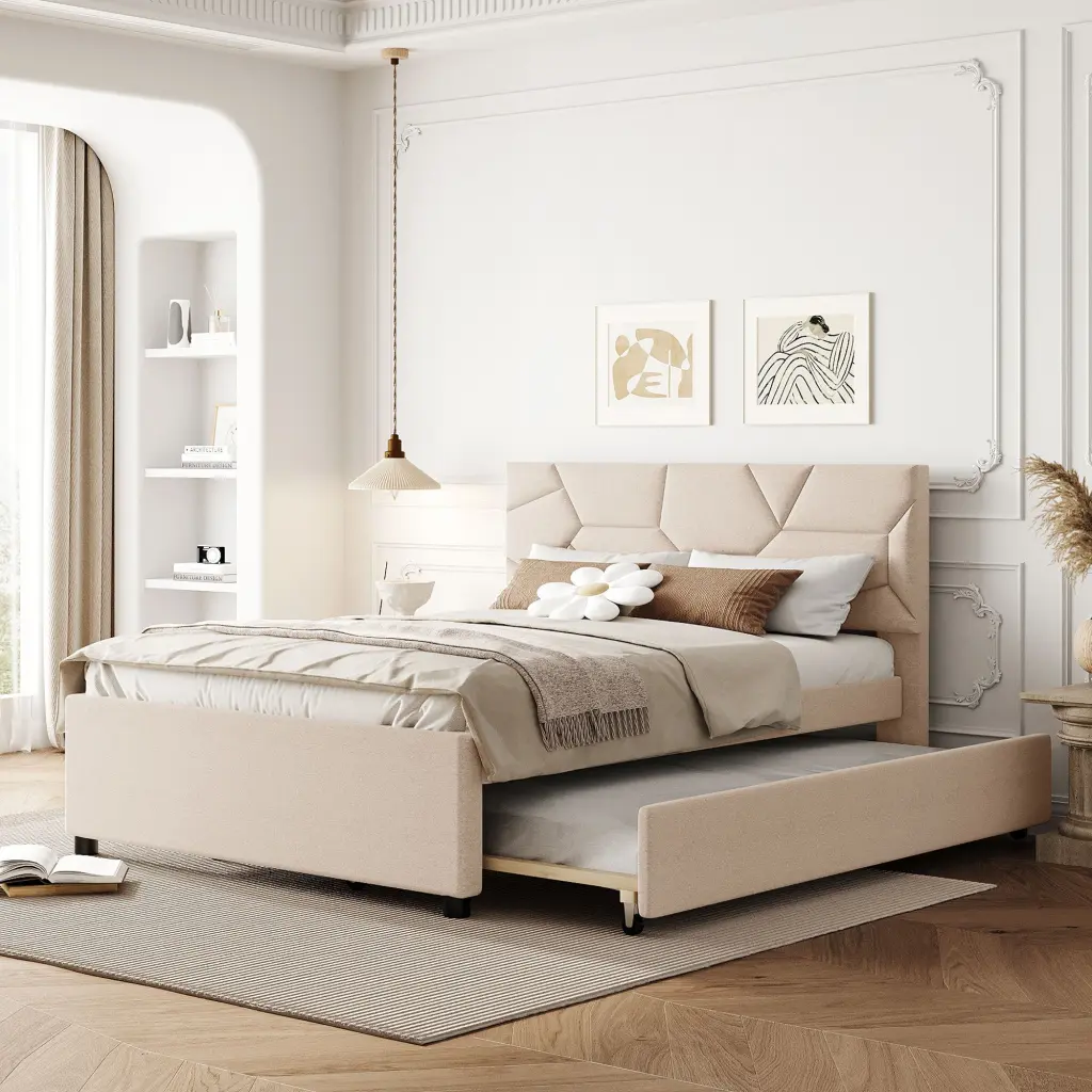 Full Size Upholstered Platform Bed Brick Pattern Headboard lucky world
