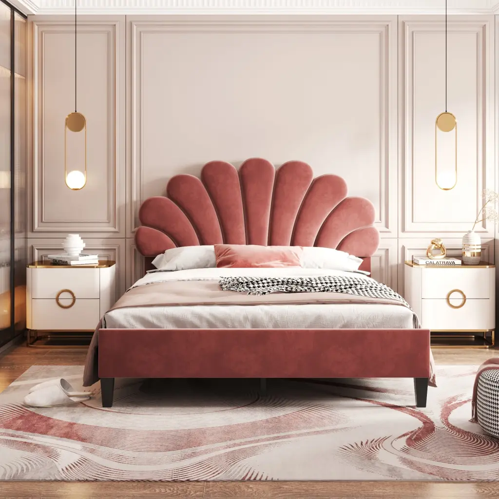 Full Size Upholstered Platform Bed Flower Pattern Velvet Headboard lucky world