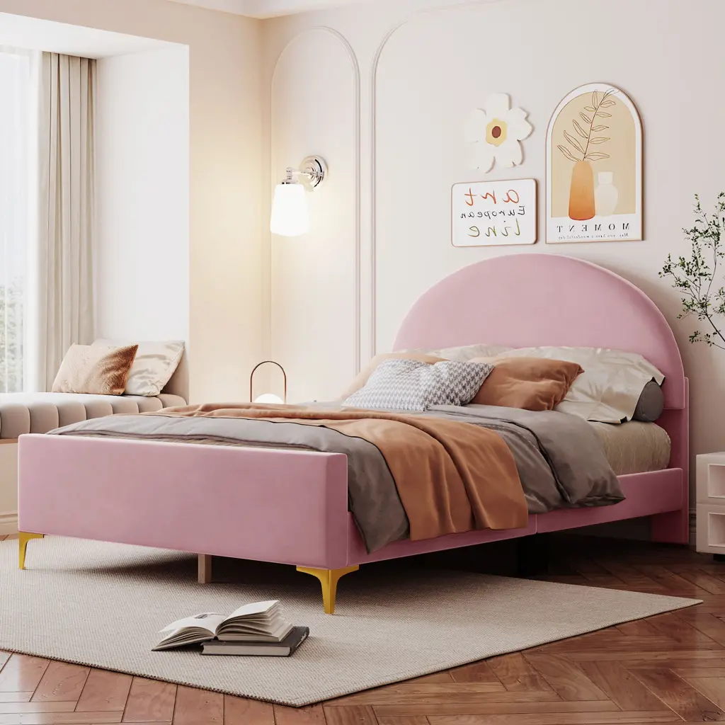Full Size Upholstered Platform Bed Timeless Semi Circle Influenced Headboard lucky world