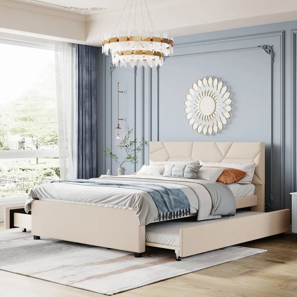 Queen Size Upholstered Platform Bed Brick Pattern Headboard and Storage lucky world