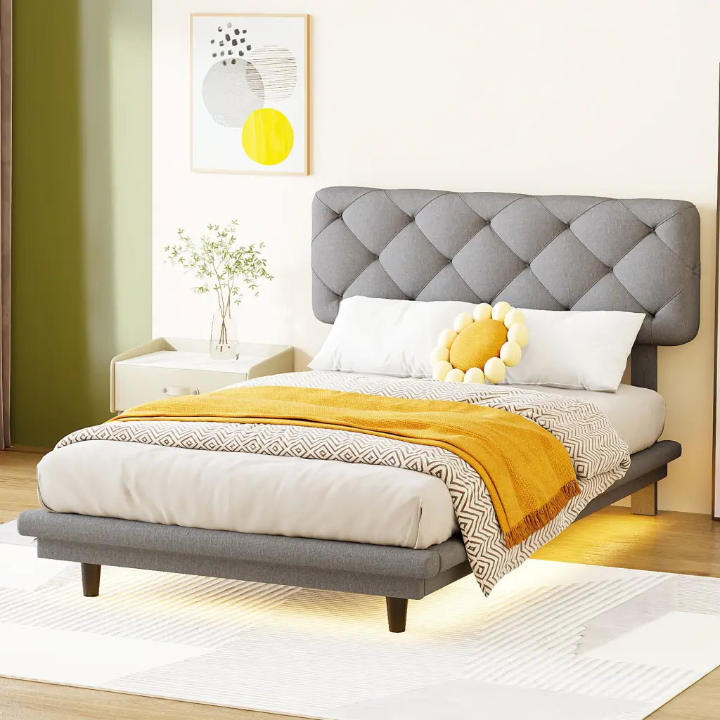 Twin Size Upholstered Bed Light Stripe Floating Platform Bed lucky world