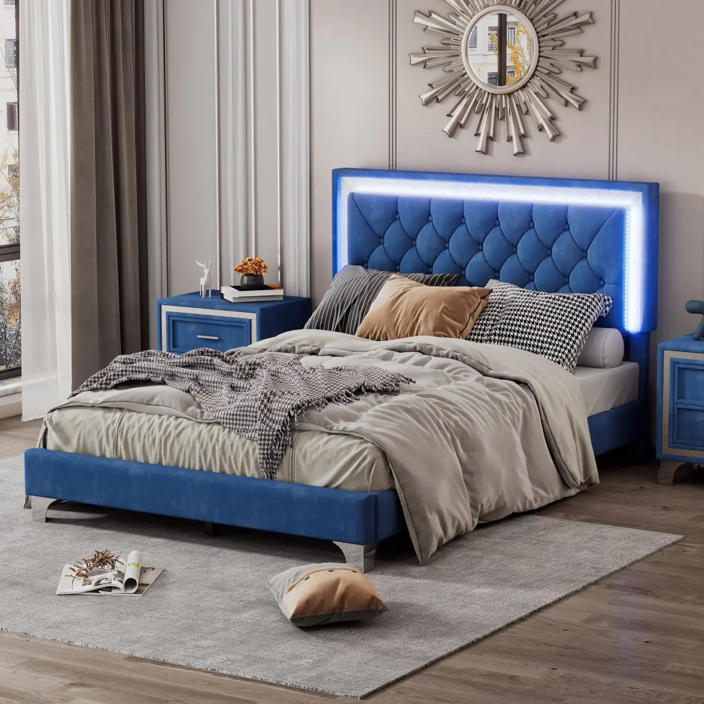 Full Size Upholstered Bed Frame LED Lights - Modern Velvet Platform Bed rnb