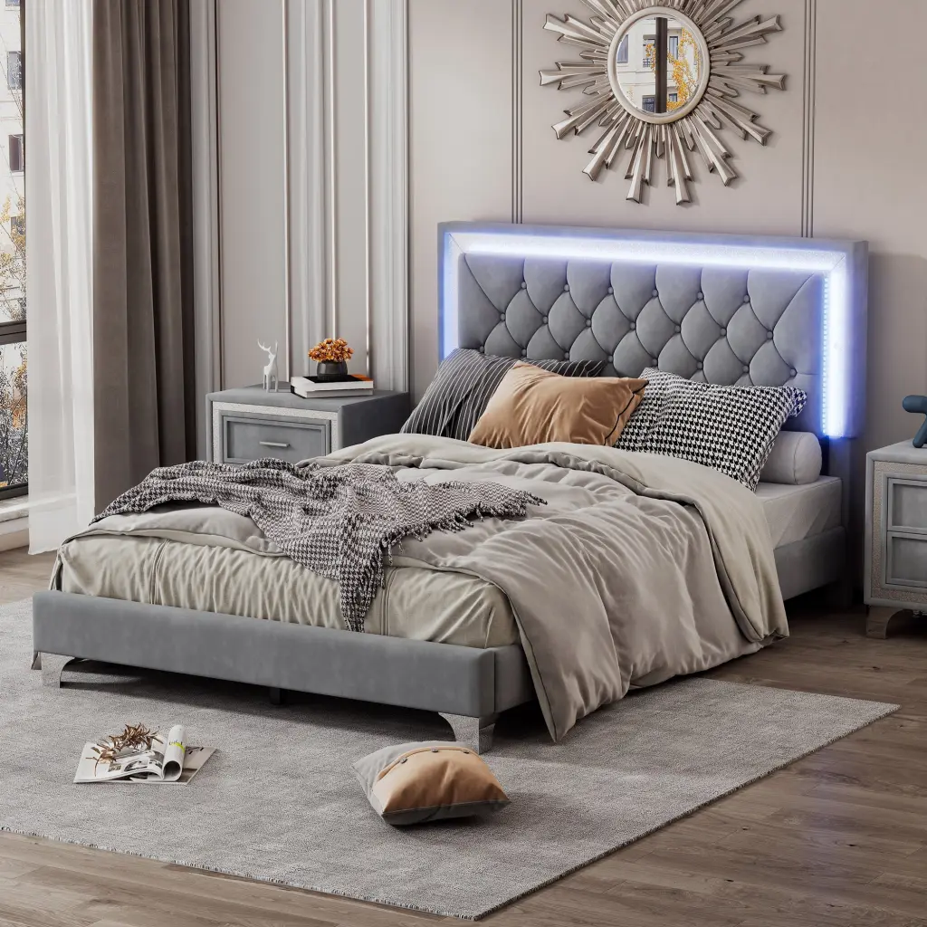 Full Size Upholstered Velvet Platform Bed Frame LED Lights rnb