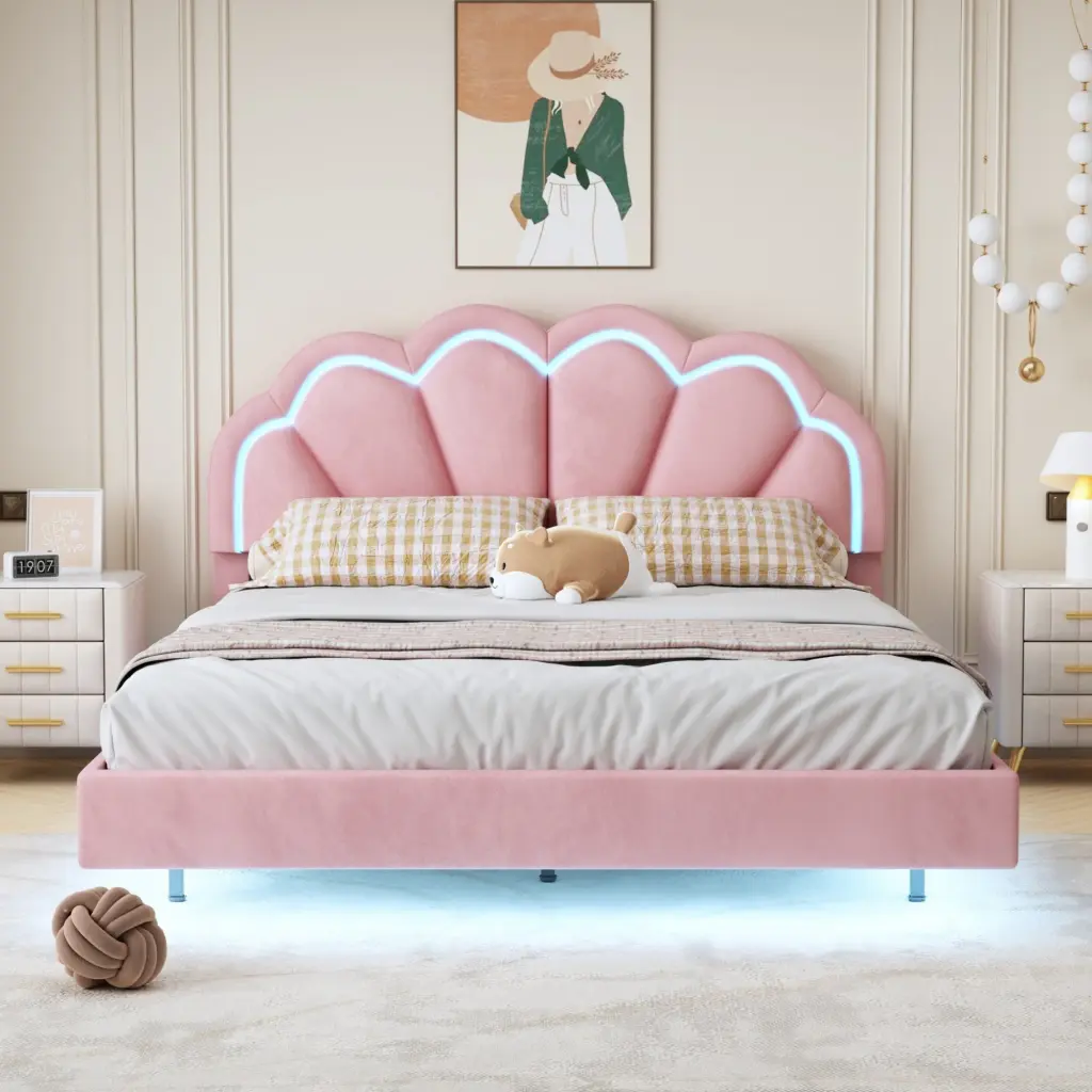 Queen Upholstered Intelligent LED Bed Frame Elegant Flowers Headboard rnb