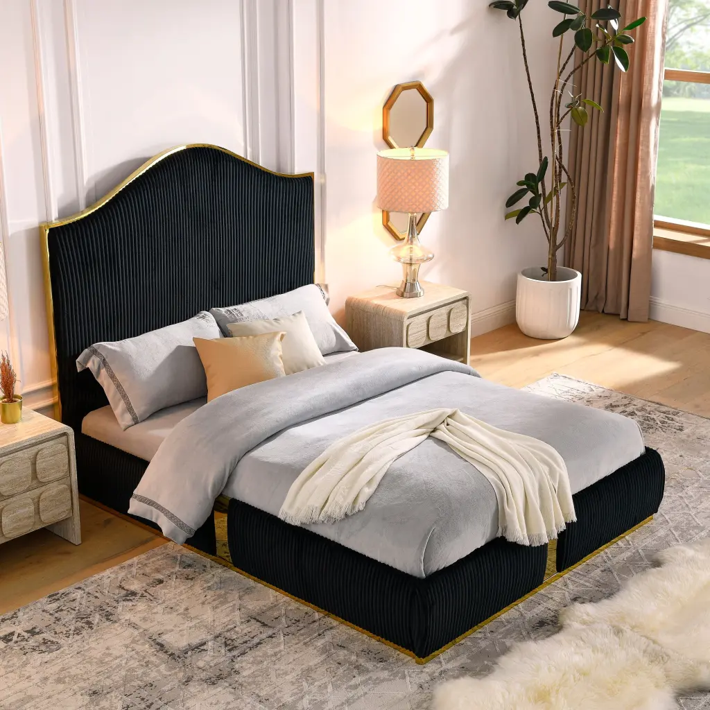 Corduroy Upholstered Queen Size Bed Frame 59.5 Inch Tall Headboard royal star