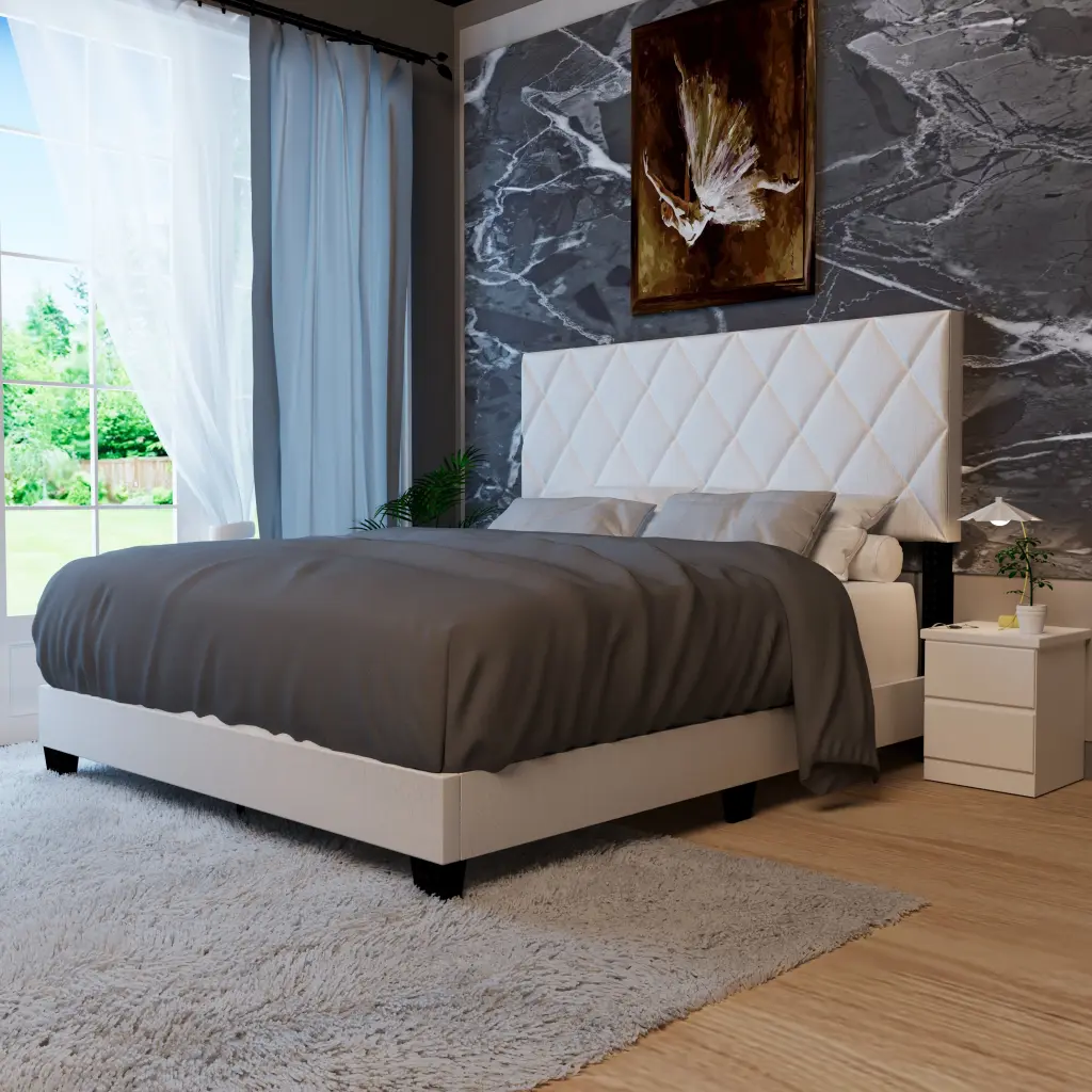 White Queen Size Adjustable Upholstered Bed Frame American Effortless Design serene home