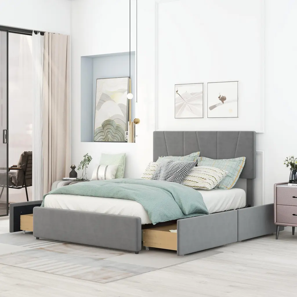 Full Size Upholstery Platform Bed Four Drawers On Two Sides Adjustable wm store