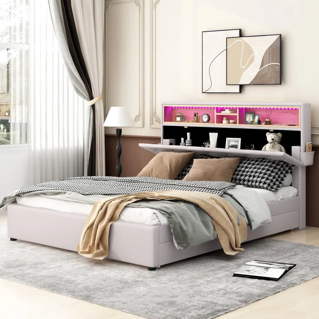 Queen Size Upholstered Platform Bed Storage Headboard LED USB C wm store