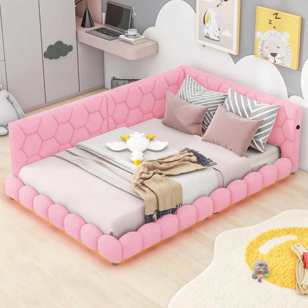 Upholstered Full Size Platform Bed USB Ports And LED Belt Pink Modern Bed Frame wm store