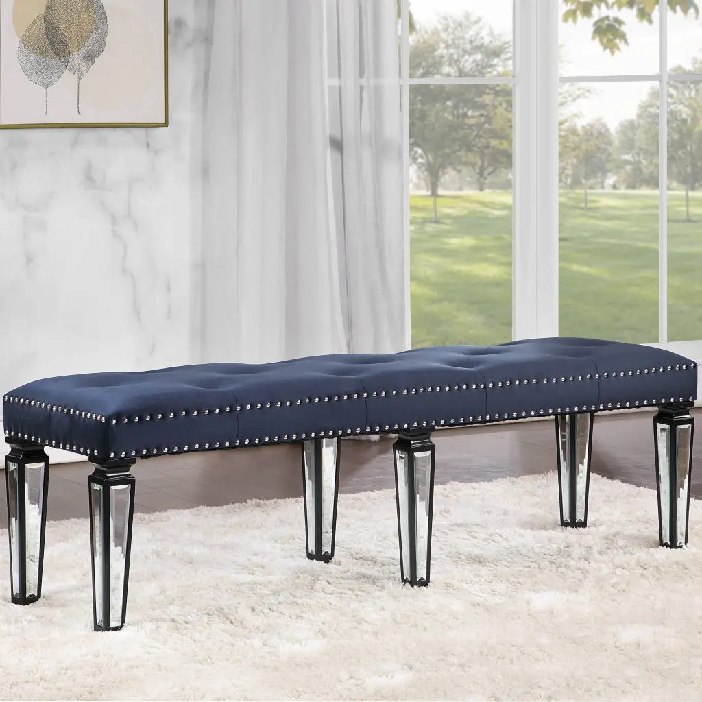Dark Navy and Black Tufted Bench Bedroom Glam Pine Velvet Upholstered Seat furniture max