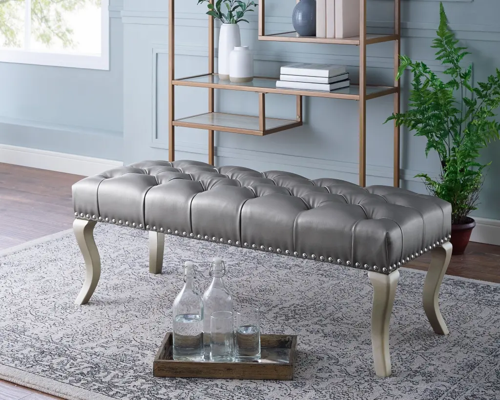 Decor Maxem Tufted Fabric Upholstered Bench Trim Silver Faux Leather hz