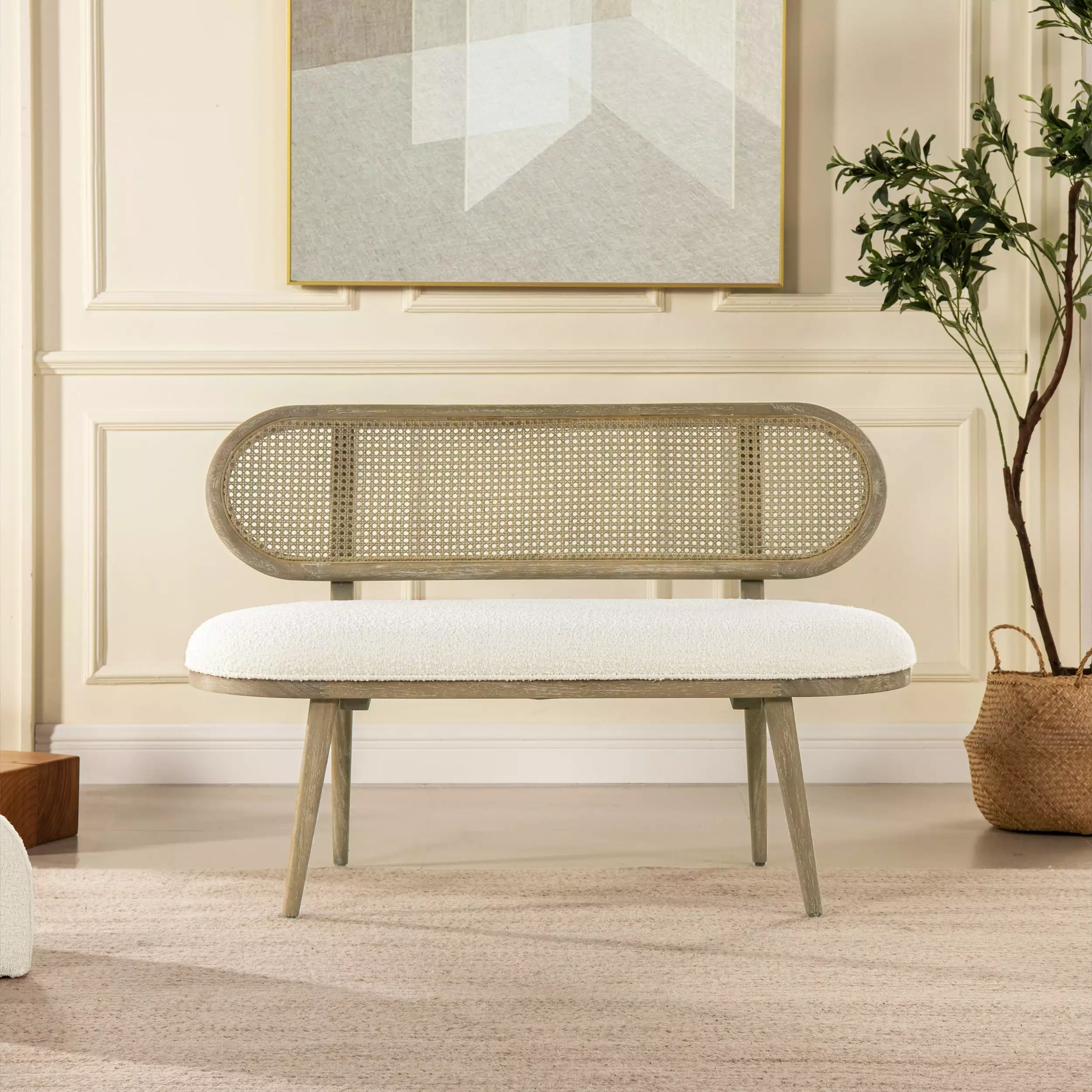 Havana 42 Inch Cane Rattan Upholstered Bench Settee Ivory White Boucle JENNIFER TAYLOR J T