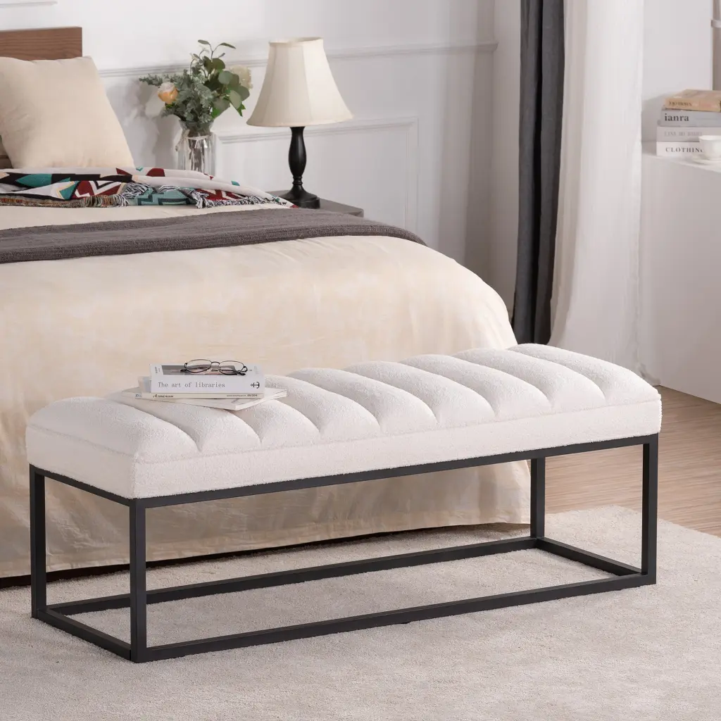 Metal Base Upholstered Bench Bedroom or Entryway White Velvet rnb