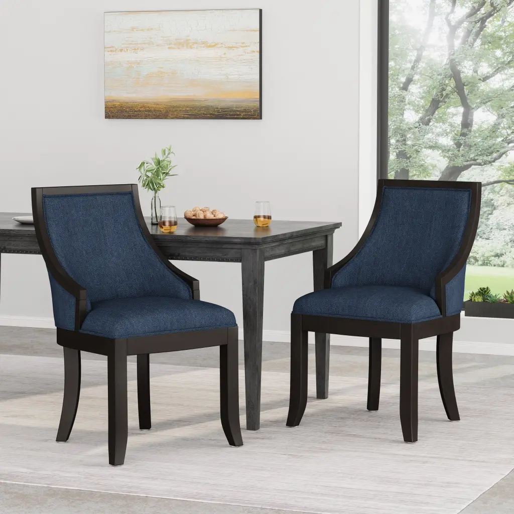 Dining Chair MP2 Set 2 Navy Blue Wood Fabric Upholstered Chairs nh-cloudhouse