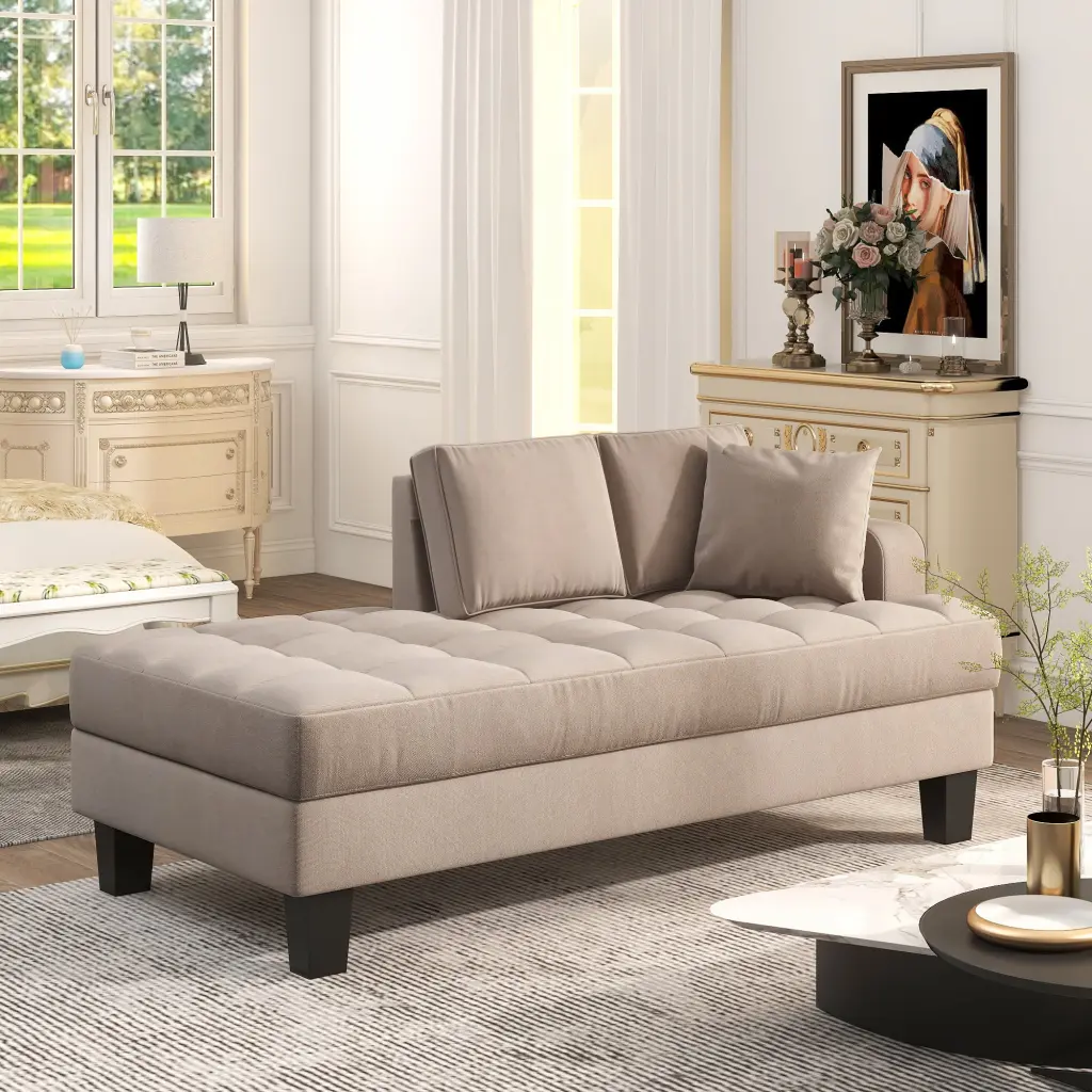 64 Inch Deep Tufted Upholstered Textured Fabric Chaise Lounge Toss Pillows gt