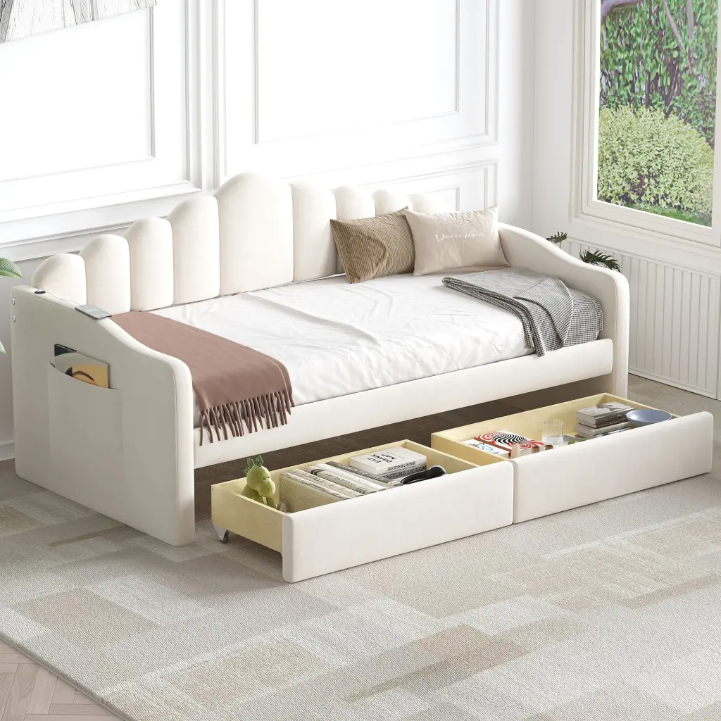 Twin Size Upholstered Daybed 2 Drawers Velvet Sofabed USB Charging Port homey life