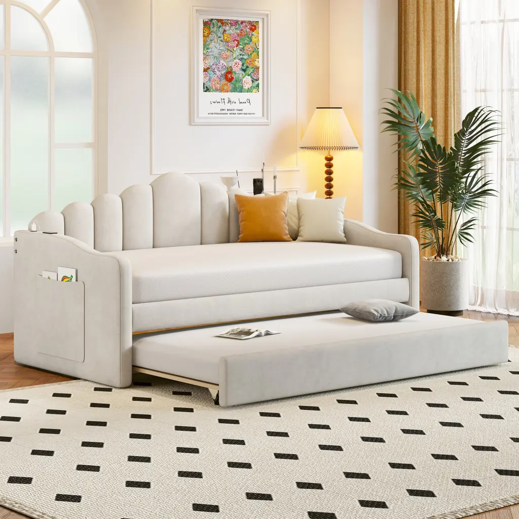 Twin Size Upholstered Daybed Trundle, Velvet Sofabed USB Charging Port homey life