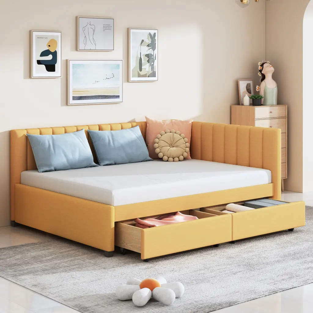 Full Size Upholstered Daybed 2 Storage Drawers and Sofa Bed Frame Modern Design lucky furniture