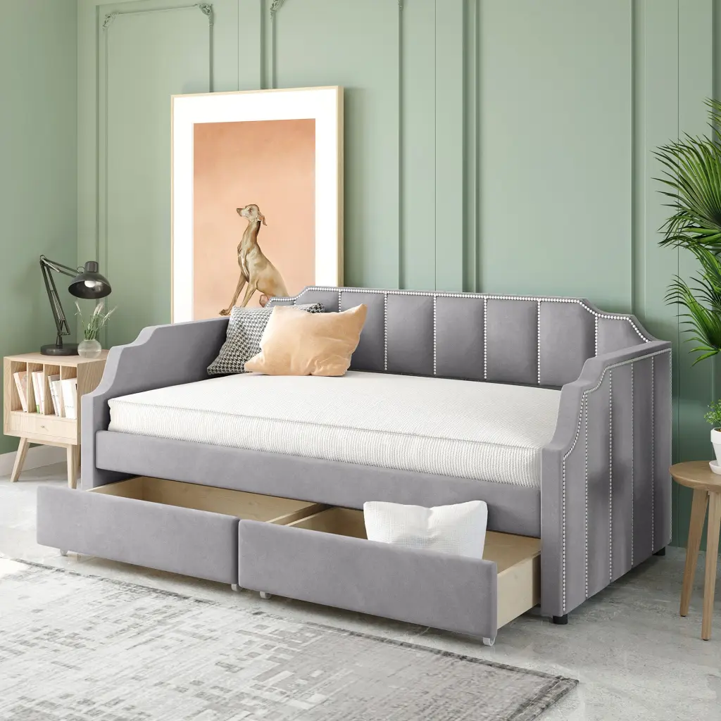 Twin Size Upholstered Daybed Drawers and Wood Slat Support Gray lucky furniture