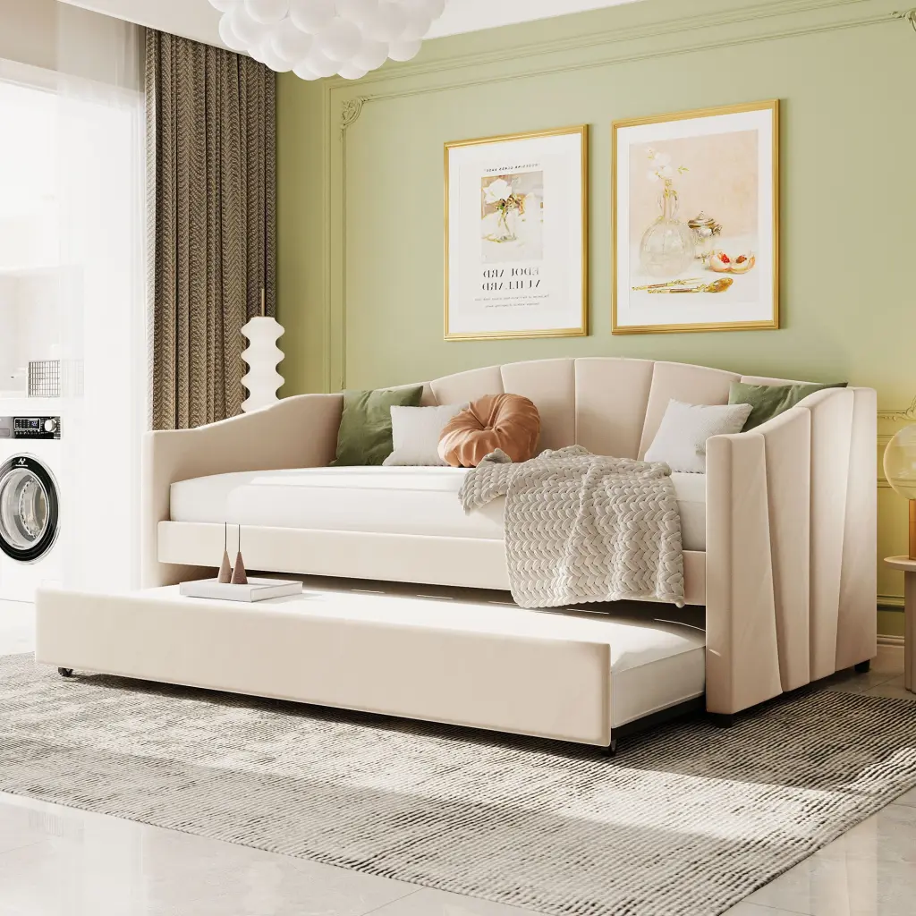 Upholstered Daybed Sofa Bed Twin Size Trundle Bed and Wood Slats Guest Room lucky furniture