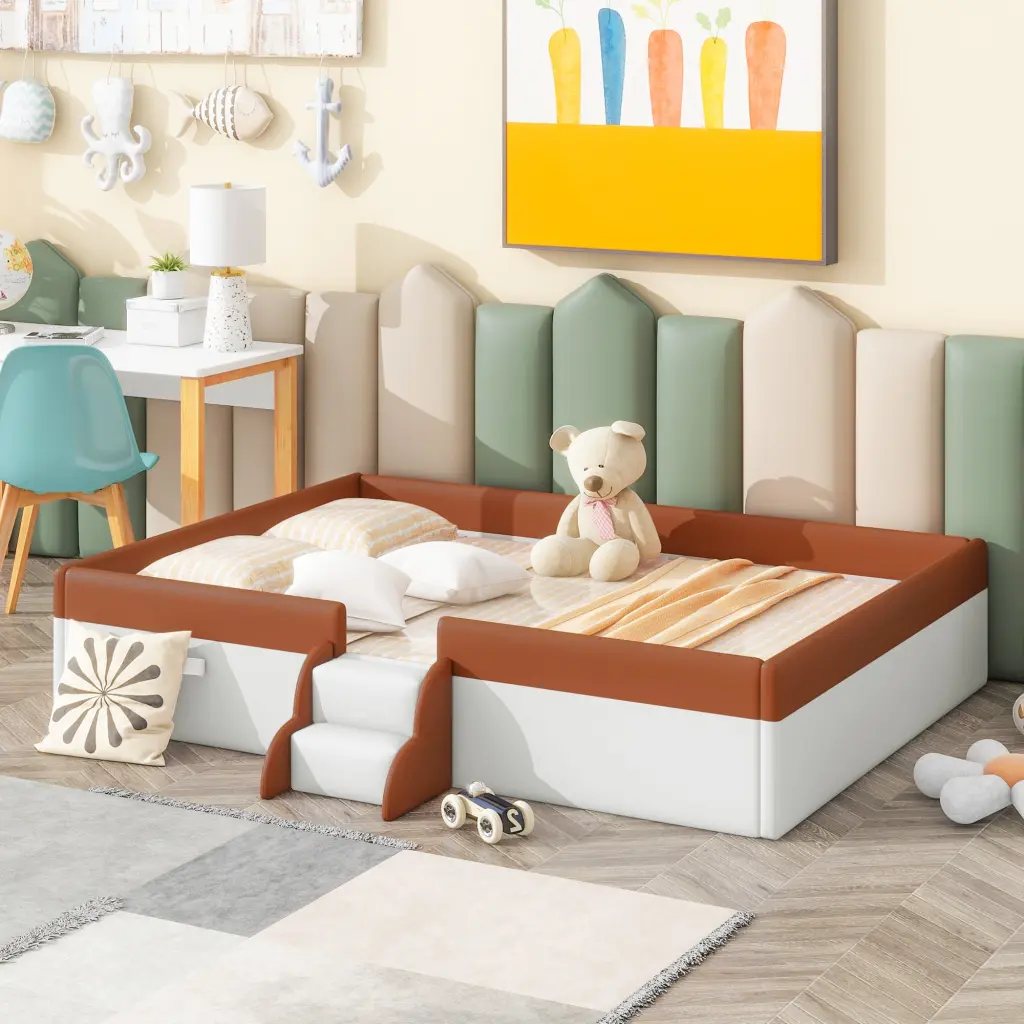 Full Size Brown White Upholstered Daybed Frame Fence And Stairs lucky world