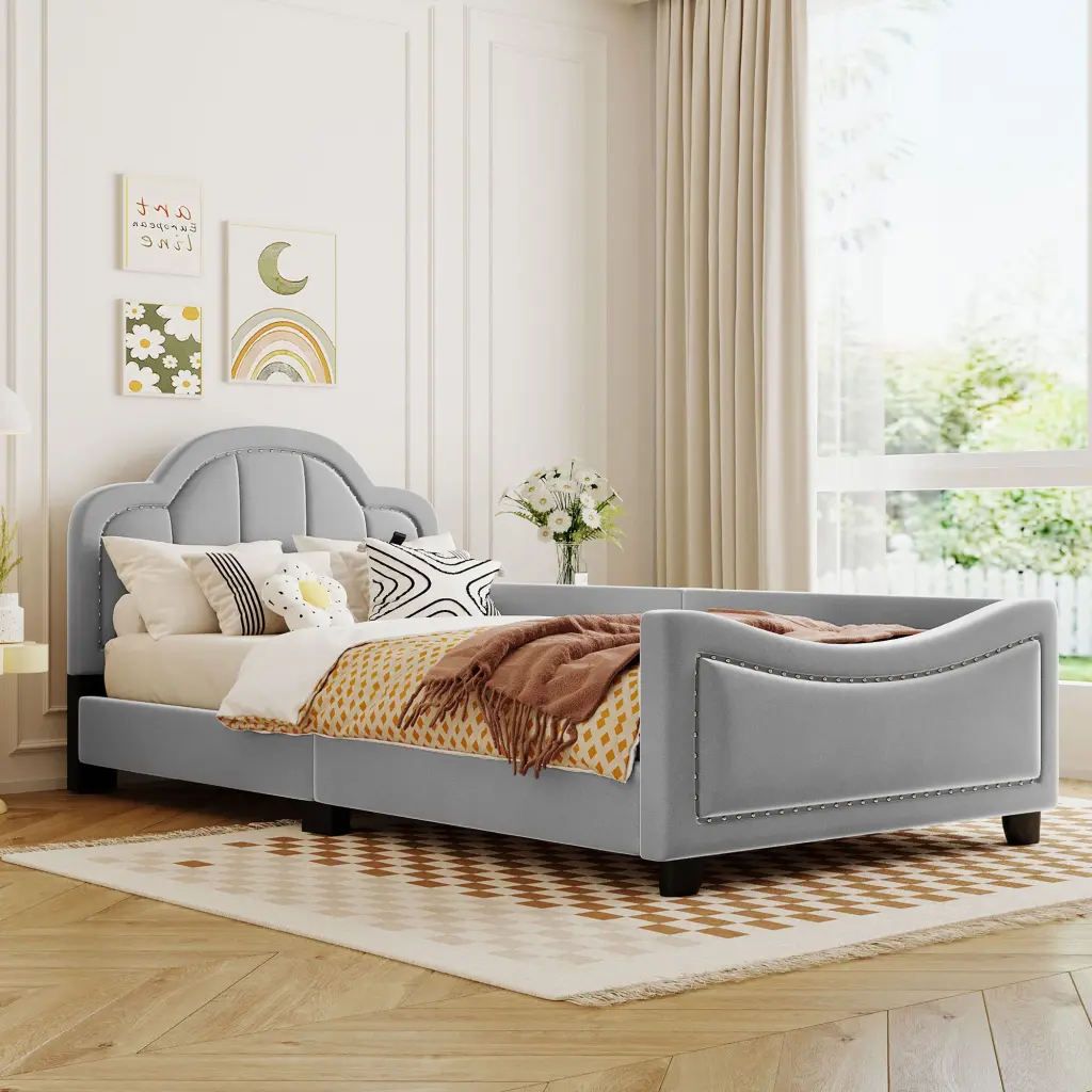 Twin Size Upholstered Daybed Cloud Headboard - Built- Electrical Outlets lucky world