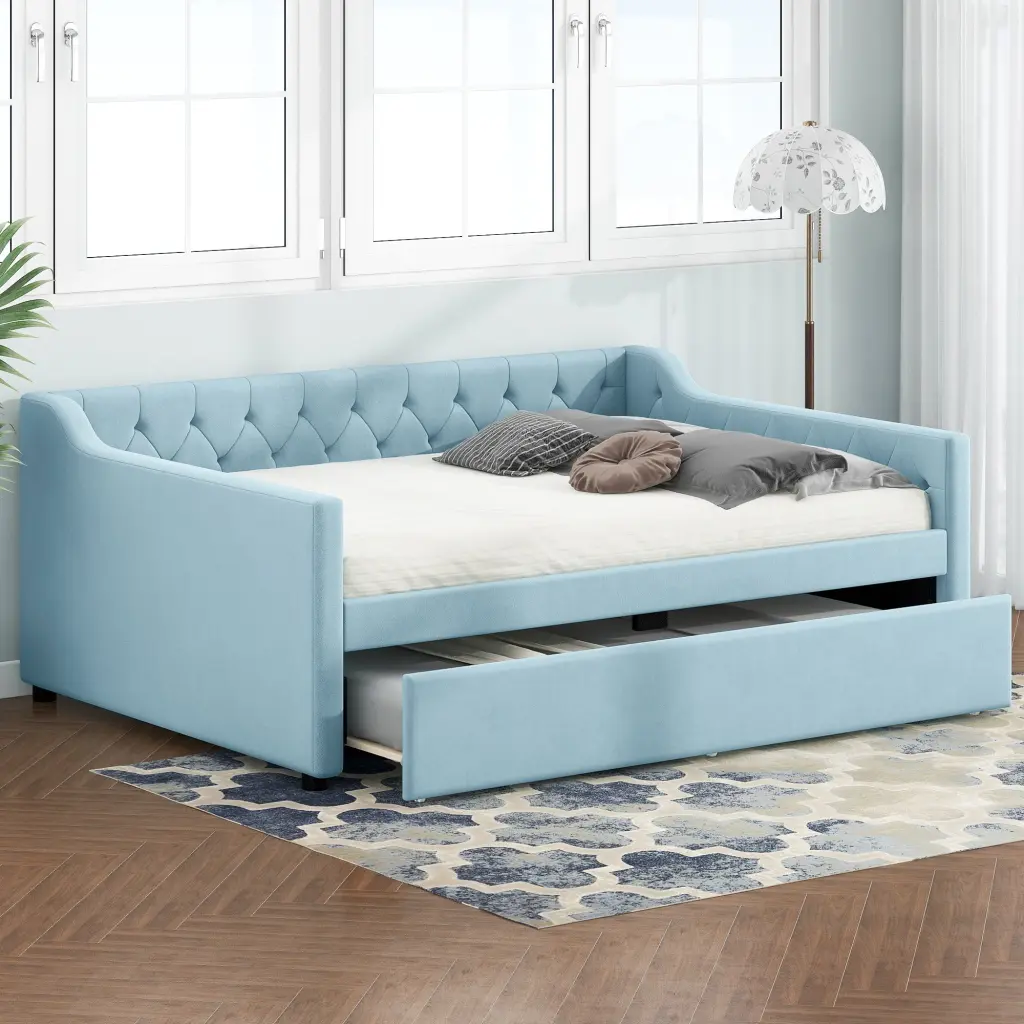 Full Size Upholstered Tufted Daybed Twin Size Trundle Blue Box Stitch wm dreamland