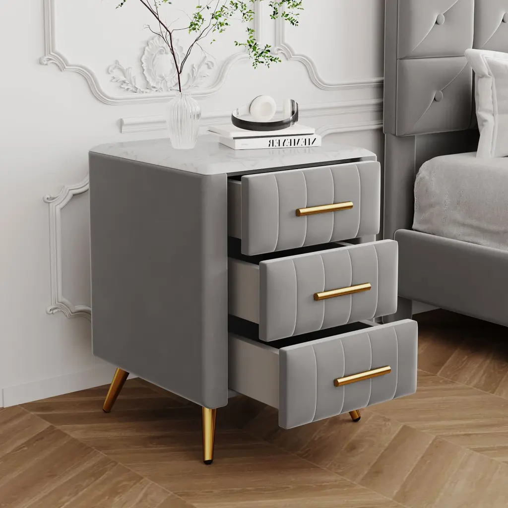 Upholstered Wooden Nightstand 3 Drawers And Metal Legs Full Size homey life